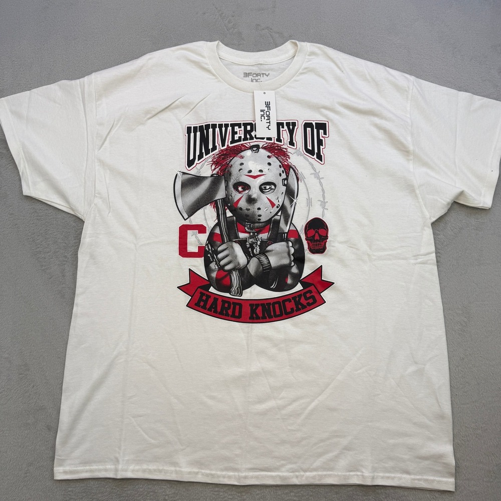 3Forty Inc T Shirt Mens 2XL White University of Hard Knocks Jason Horror Goth